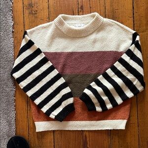Elegant Striped Women's Sweater in Cream, Brown, and Black E & M